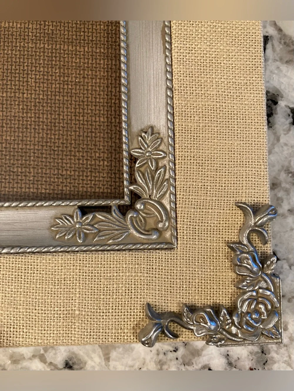 2 Ornate Picture Frames, Silver Toned, Scroll, Burlap